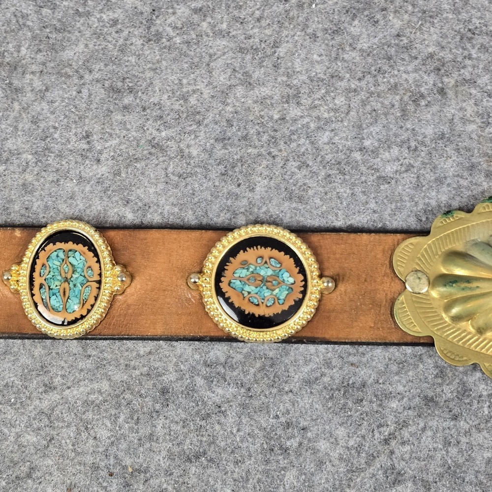 Western Concho Belt 48" Brown Leather Brass Tone Turquoise Inlay Studded Conchos - Picture 9 of 16
